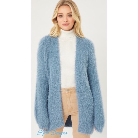 Sweaters - Blue Fuzzy Eyelash Long Stone Soft Open Front Cardigan.